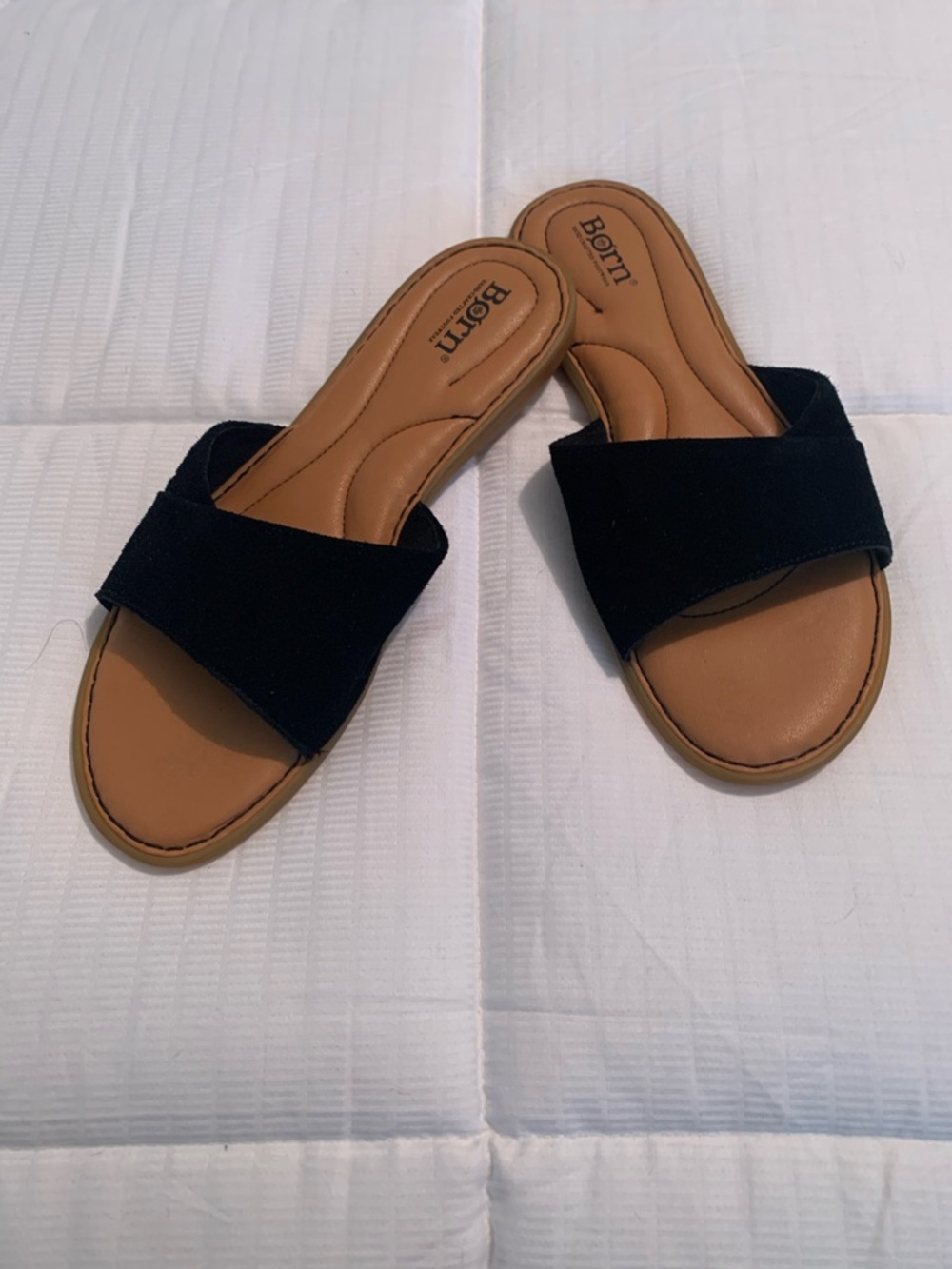 Born Slide, Black Suede Leather Upper, leather cushion footbed, in Size 9
